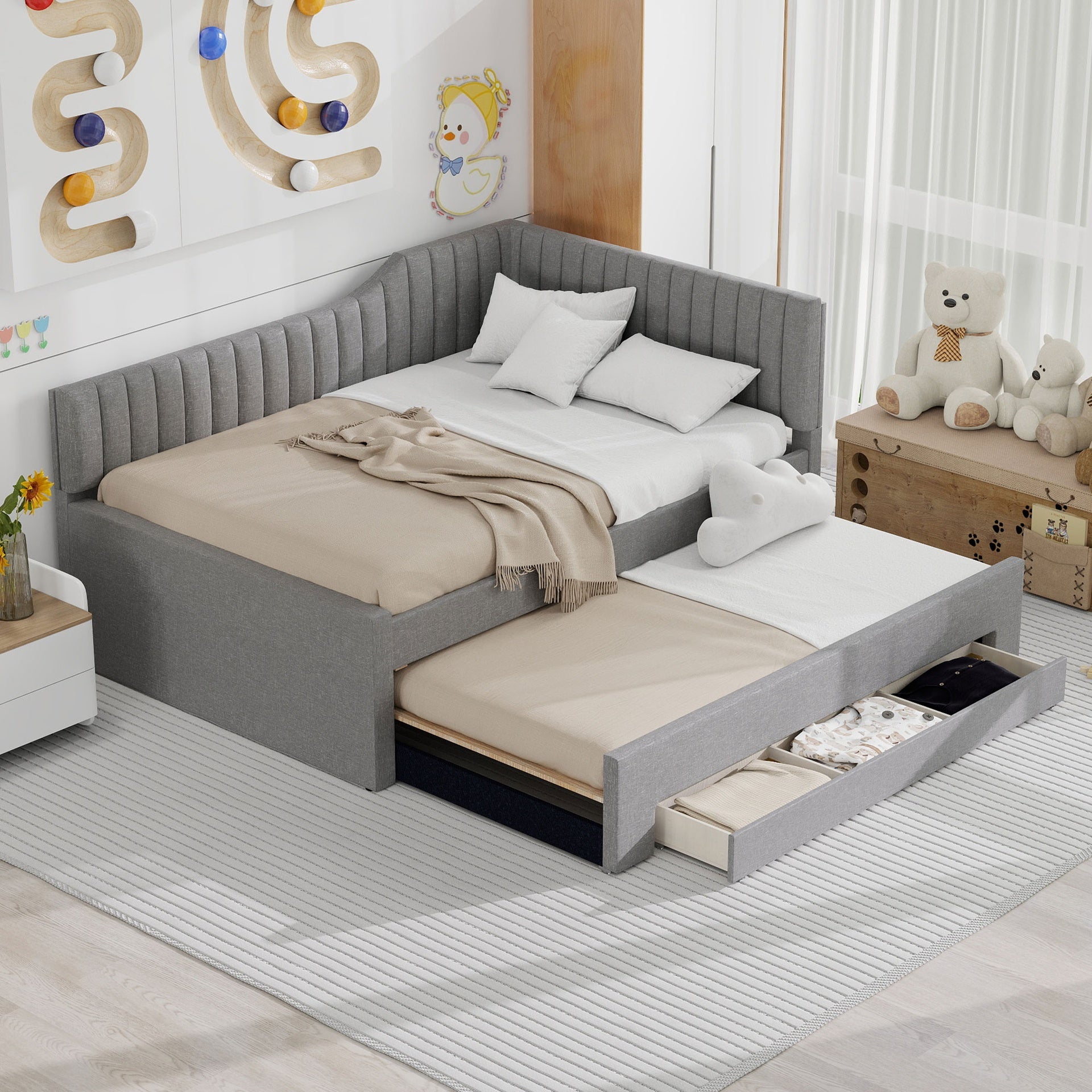 Full Size Upholstered Daybed with Trundle and Three Drawers, Gray
