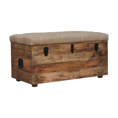 Solid Wood  Buffalo Hide Leather Upholstered Storage Trunk, Beige and Brown
