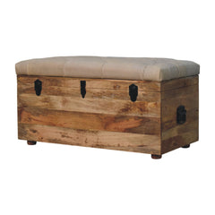 Solid Wood  Buffalo Hide Leather Upholstered Storage Trunk, Beige and Brown