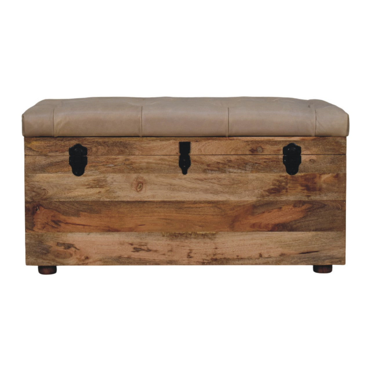 Solid Wood  Buffalo Hide Leather Upholstered Storage Trunk, Beige and Brown