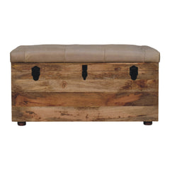 Solid Wood  Buffalo Hide Leather Upholstered Storage Trunk, Beige and Brown