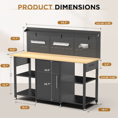 60 Inch Heavy Duty Workbench with Storage Cabinet, Wooden Top, 2000 lbs Capacity, Large Garage Work Table with Pegboard, Power Outlet