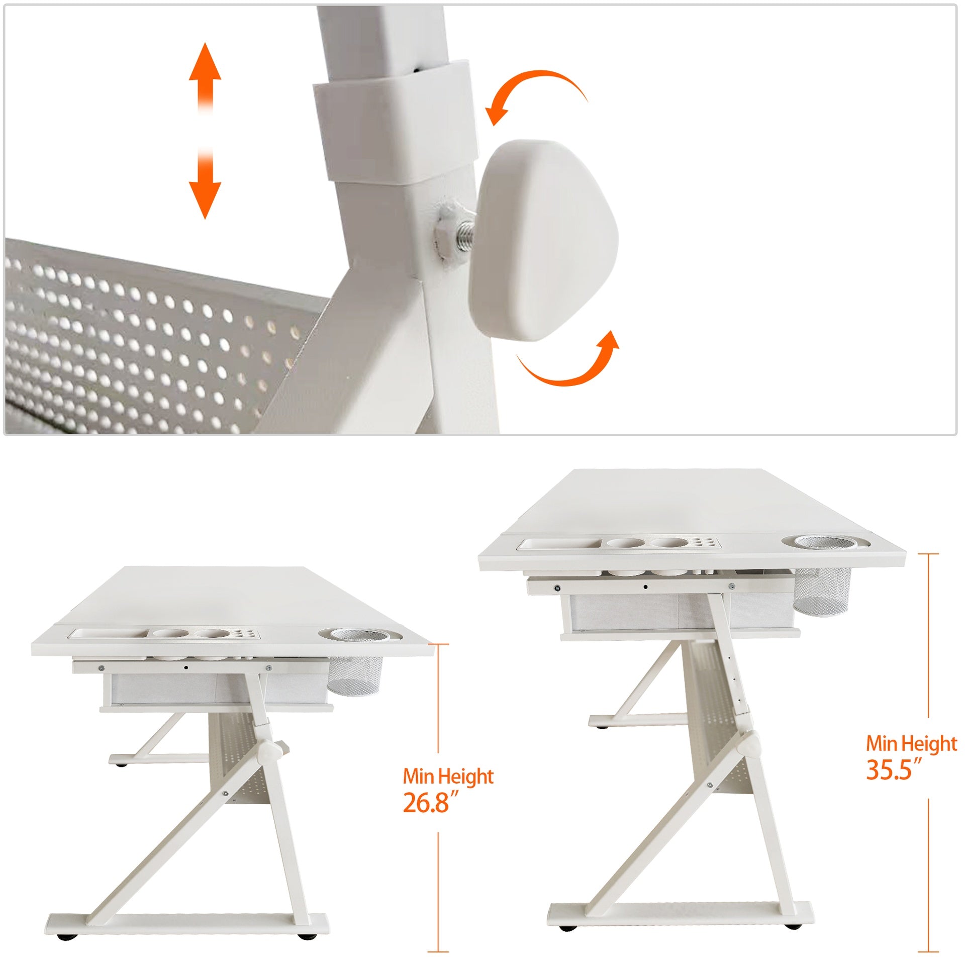 Adjustable drawing drafting table desk with 2 drawers for home office and school with stool (all white)