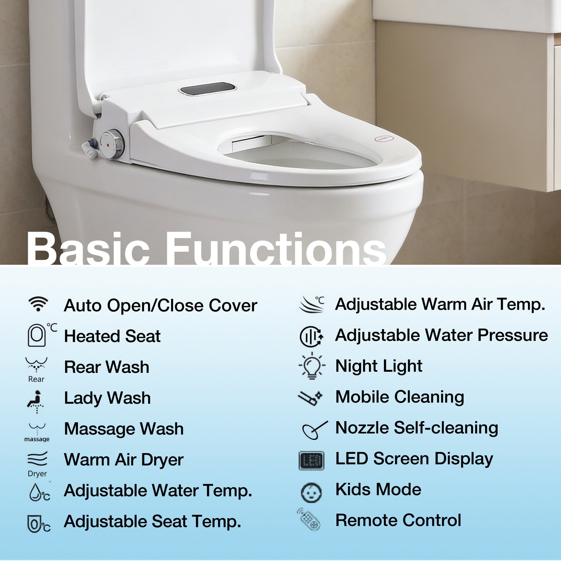 Smart Bidet Toilet Seat with Side Knob Adjustable Heated Seat with Water Temperature and Pressure Adjustment Portable Bidet,Auto open/close,Night Light, Only Seat