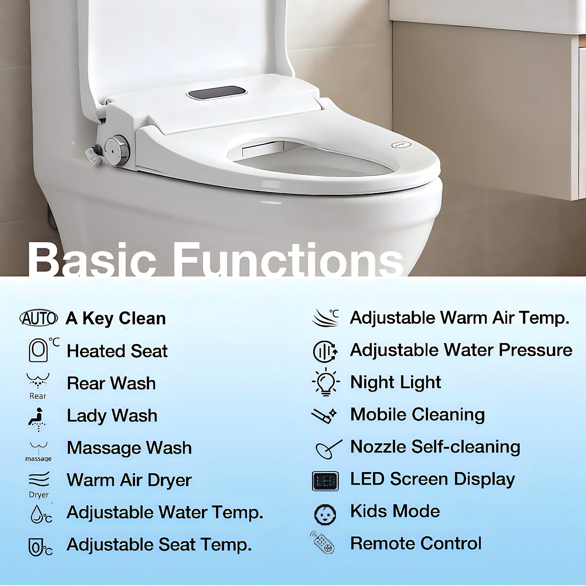 Smart Bidet Toilet Seat with Side Knob Adjustable Heated Seat with Water Temperature and Pressure Adjustment Portable Bidet with Automatic Nozzle Cleaning,Night Light,Only Seat