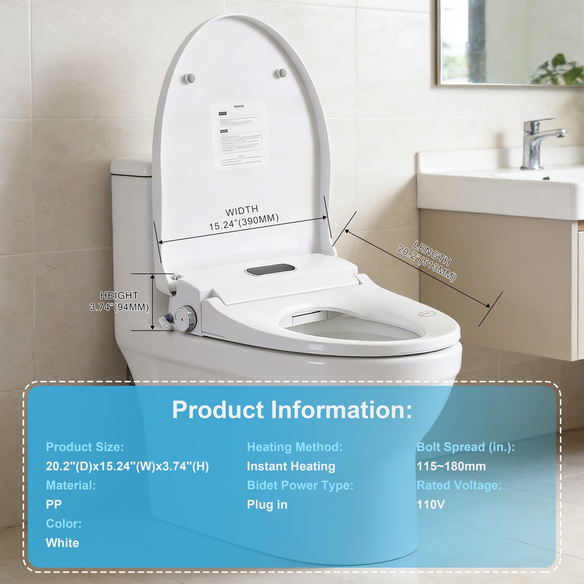 Smart Bidet Toilet Seat with Side Knob Adjustable Heated Seat with Water Temperature and Pressure Adjustment Portable Bidet with Automatic Nozzle Cleaning,Night Light,Only Seat