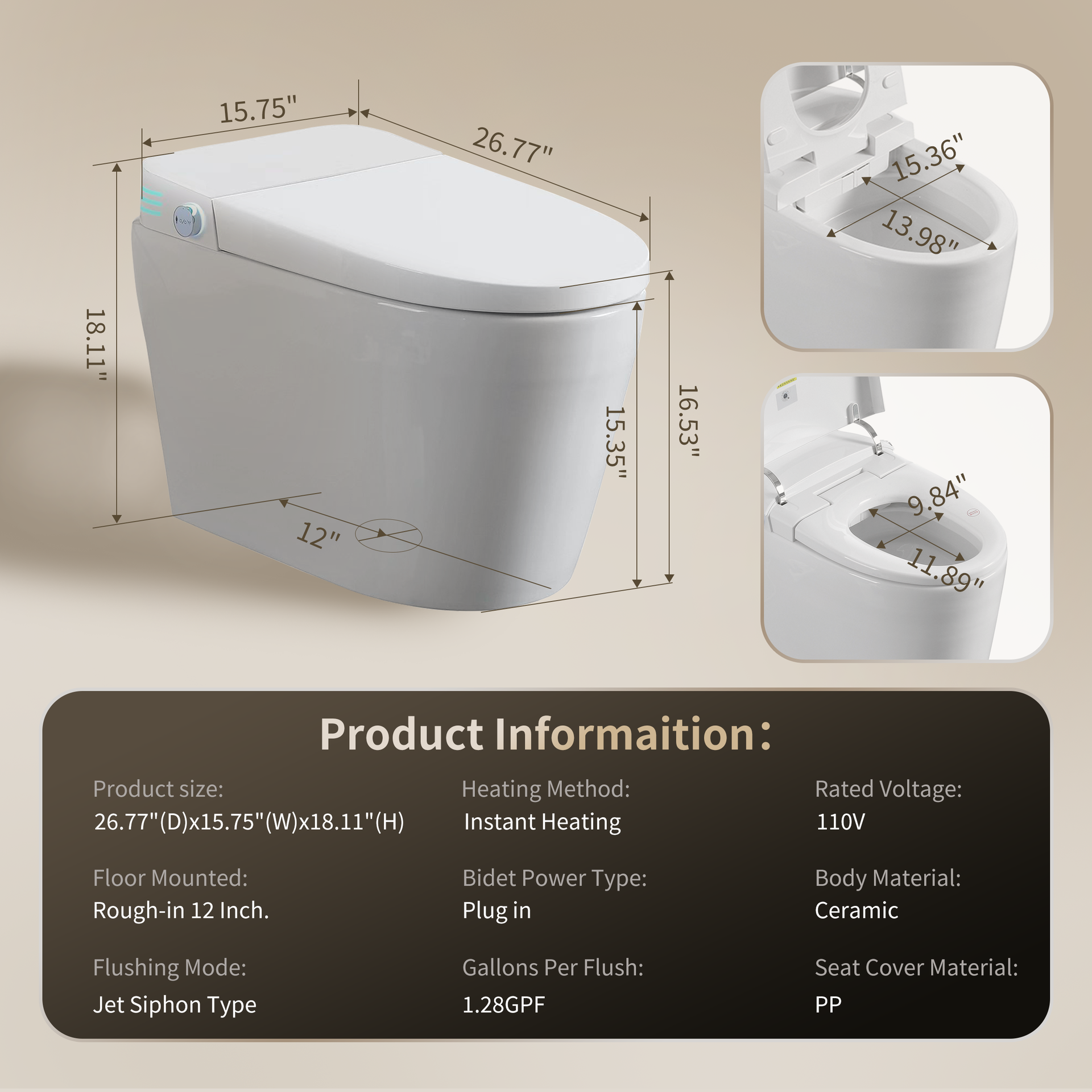 Tankless Smart Toilet With Bidet Built In, One-piece Bidet Toilet Seat, Auto Flush,Heated Seat, Warm Water and Dry, Adjustable Temp,Remote Control Side Know