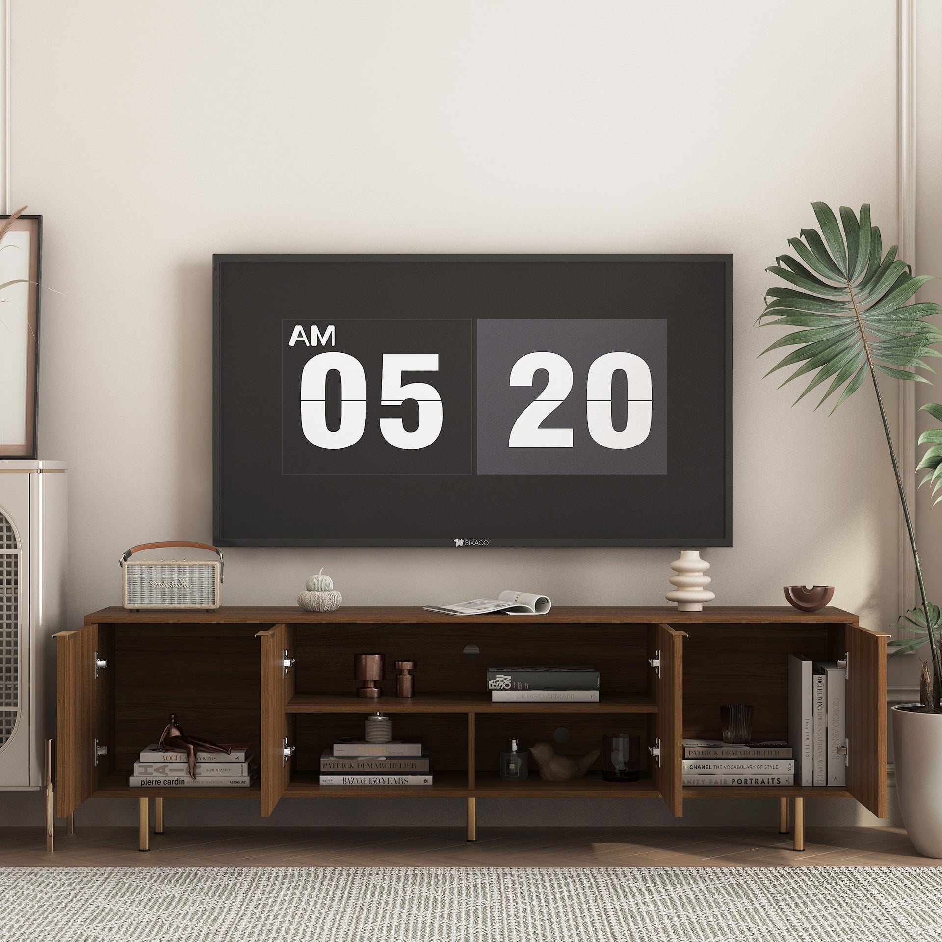 Wood Modern TV Stand Fluted 68" t, Entertainment Center with Storage Doors, TV Console Media Cabinet,  for 55+ Inch TV, Living Room