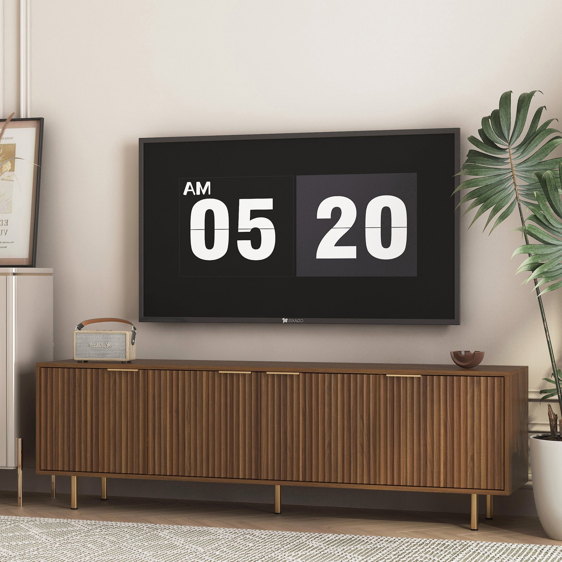 Wood Modern TV Stand Fluted 68" t, Entertainment Center with Storage Doors, TV Console Media Cabinet,  for 55+ Inch TV, Living Room