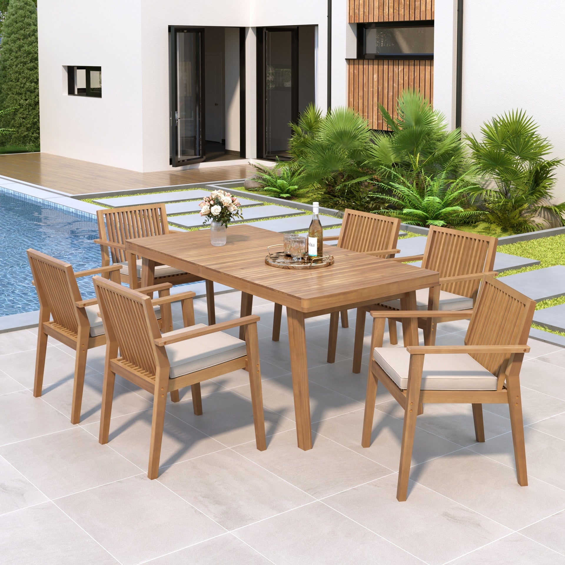 Durable 7 - Piece Patio Furniture Set Acacia Wood Table and 6 Heavy-Duty Cushioned Chairs, Brown