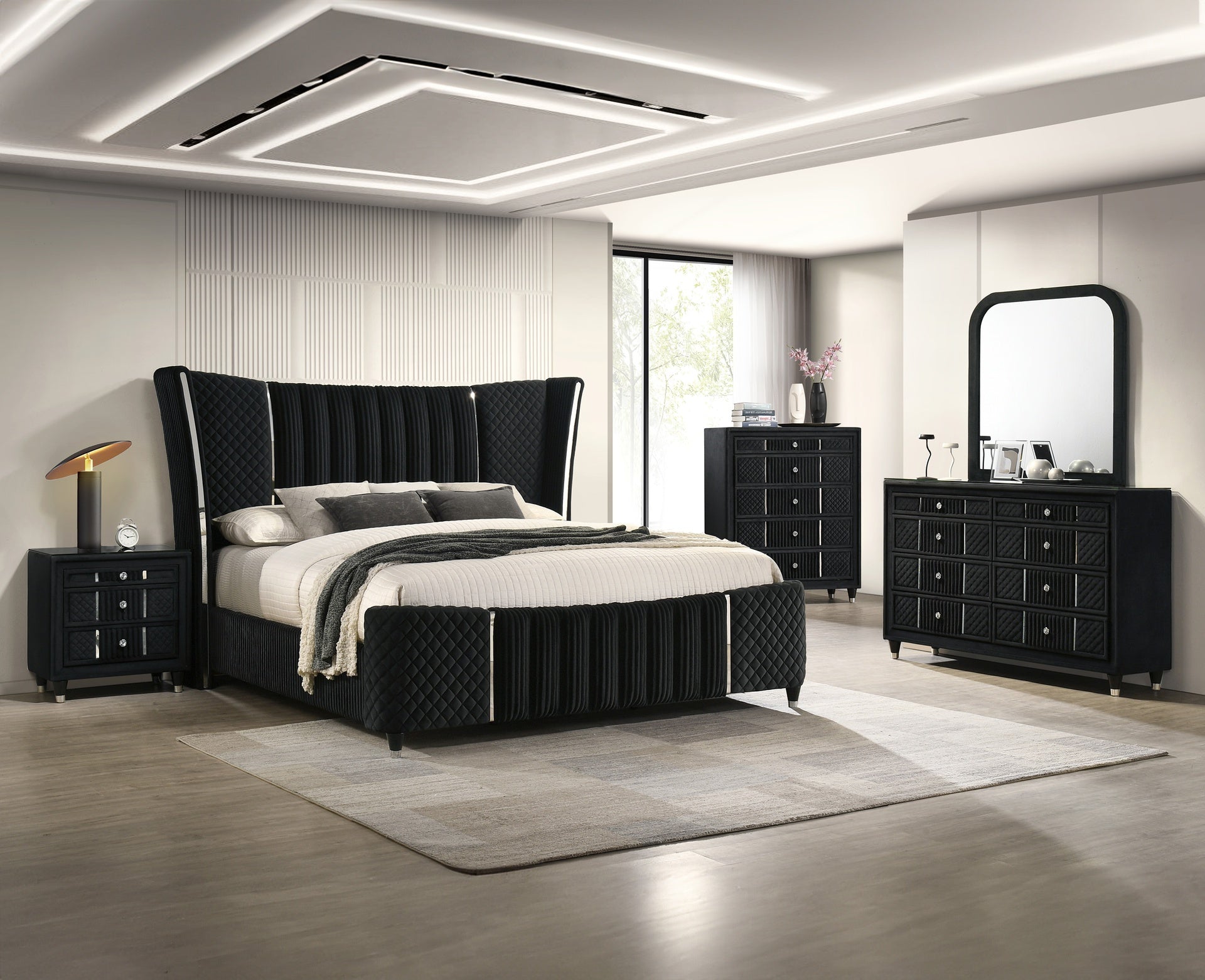 Contemporary 1pc Tall Chest Black Velvet Upholstery Textured Look Luxurious Feel Velvet Drawer Fronts Crystal-style Knobs