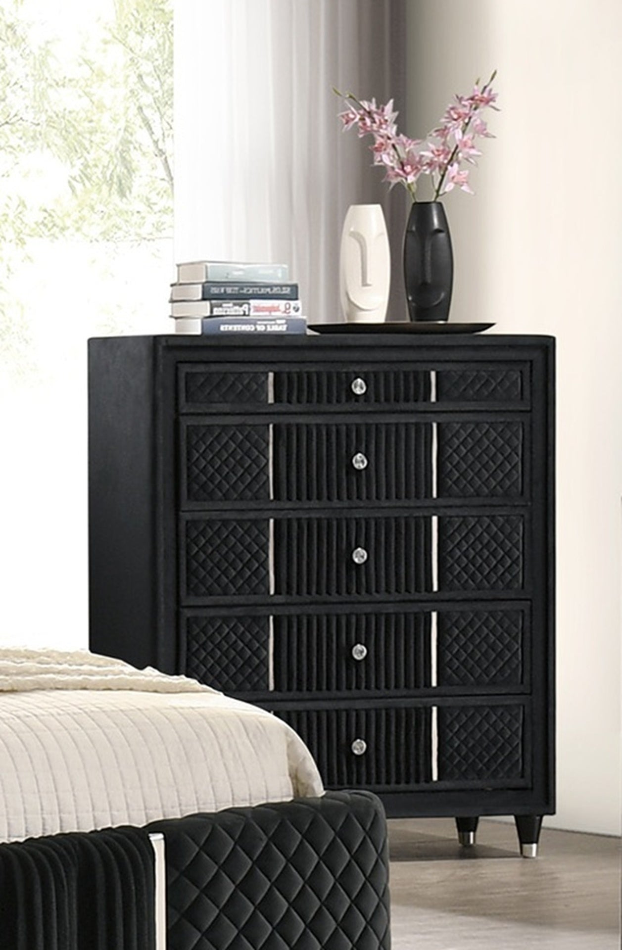 Contemporary 1pc Tall Chest Black Velvet Upholstery Textured Look Luxurious Feel Velvet Drawer Fronts Crystal-style Knobs