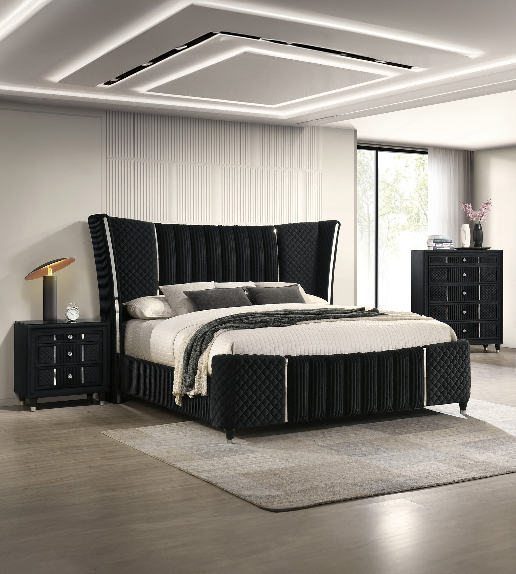 Contemporary 1pc Tall Chest Black Velvet Upholstery Textured Look Luxurious Feel Velvet Drawer Fronts Crystal-style Knobs