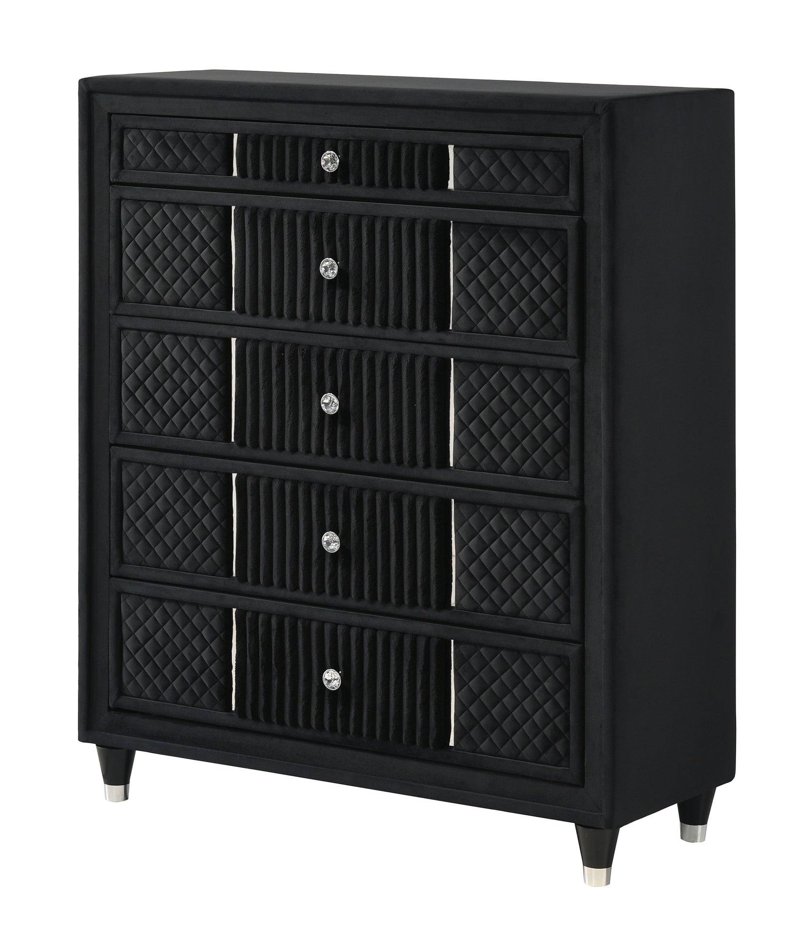 Contemporary 1pc Tall Chest Black Velvet Upholstery Textured Look Luxurious Feel Velvet Drawer Fronts Crystal-style Knobs
