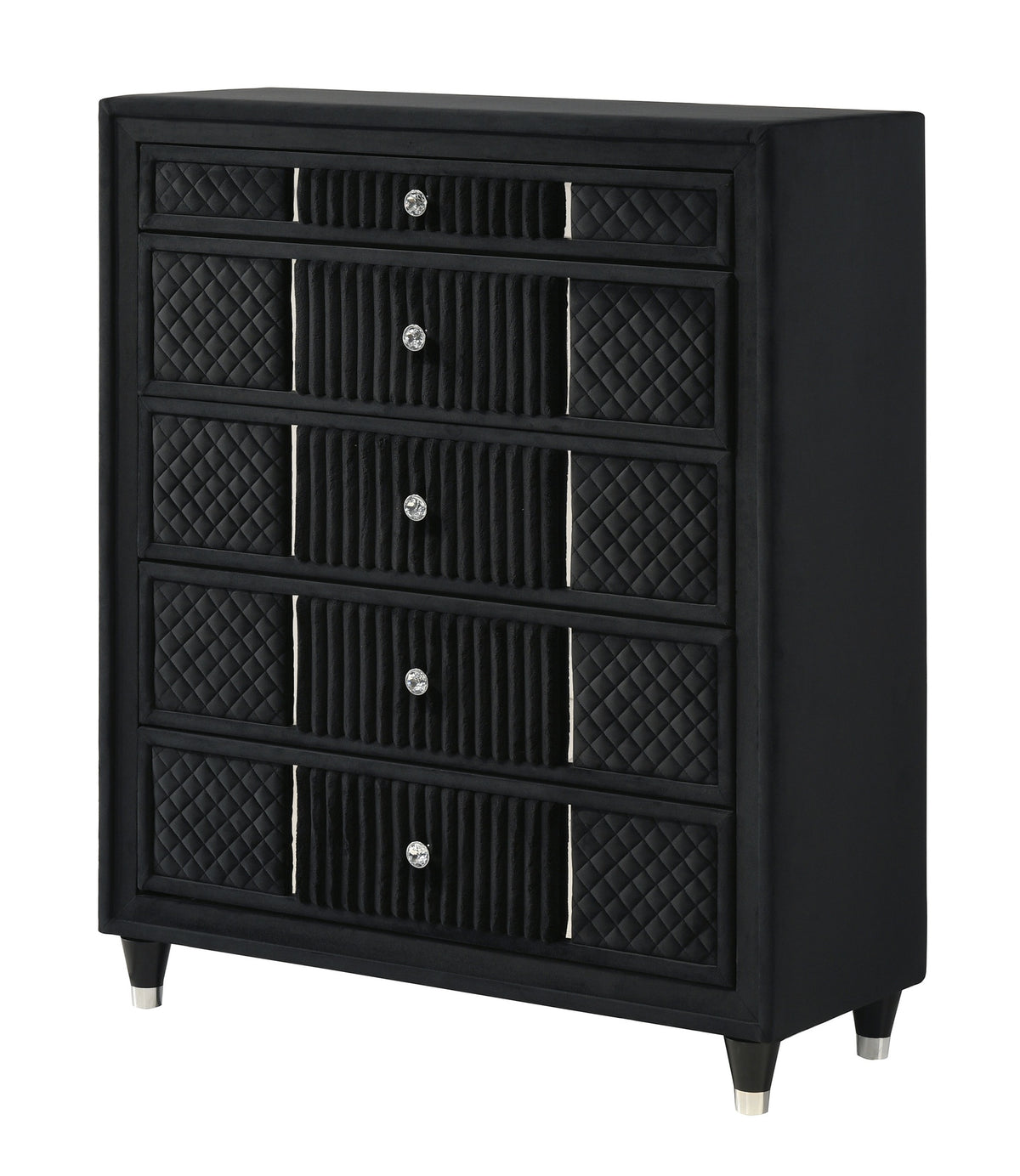 Contemporary 1pc Tall Chest Black Velvet Upholstery Textured Look Luxurious Feel Velvet Drawer Fronts Crystal-style Knobs