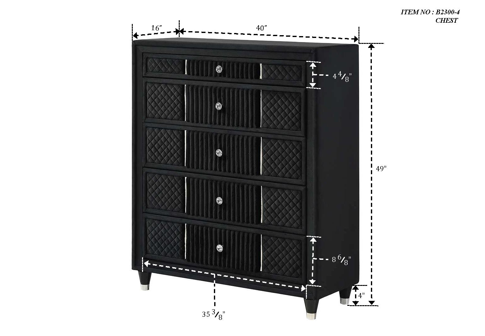 Contemporary 1pc Tall Chest Black Velvet Upholstery Textured Look Luxurious Feel Velvet Drawer Fronts Crystal-style Knobs