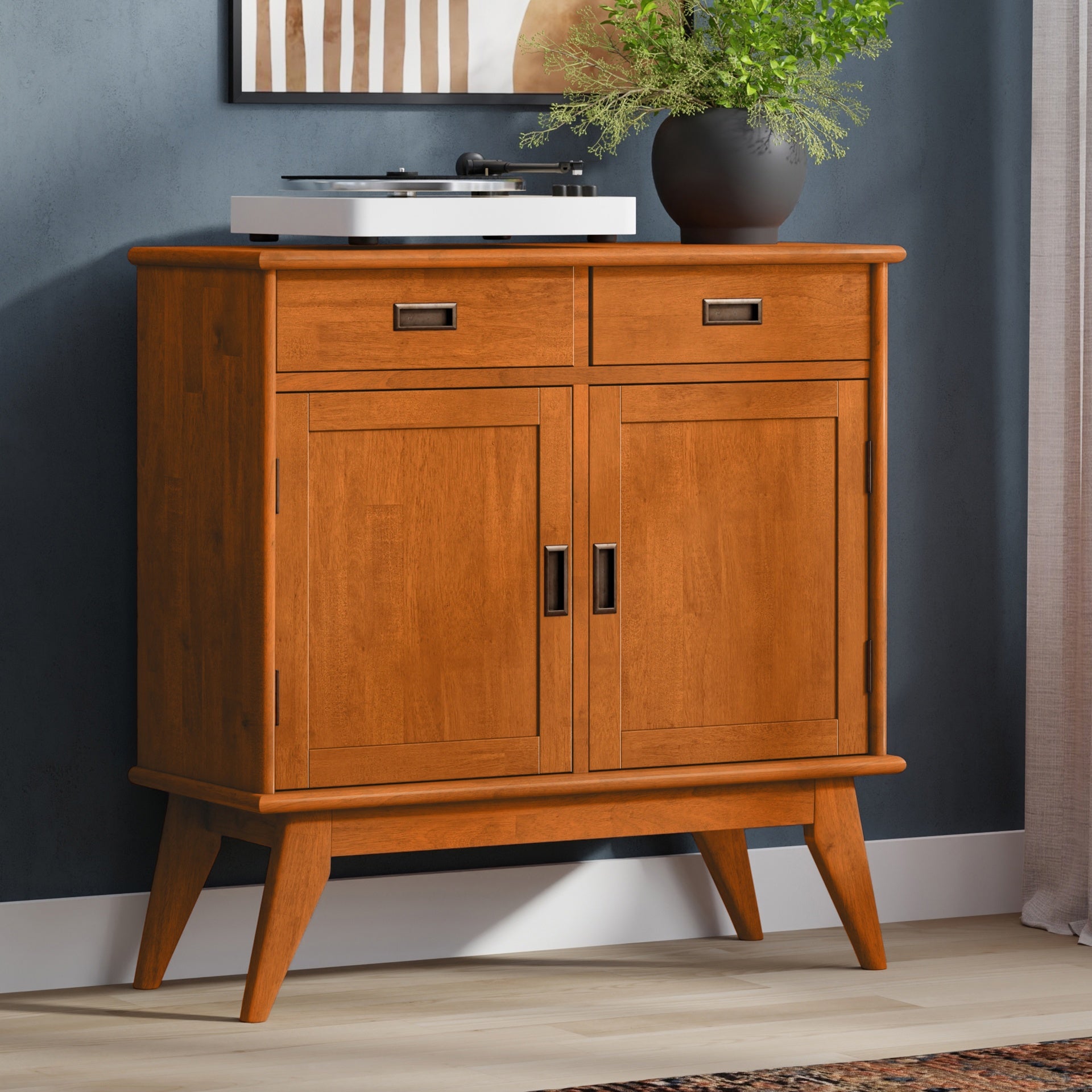 Draper 36 inch Wide Solid Wood Mid Century Entryway Storage Cabinet in Teak Brown
