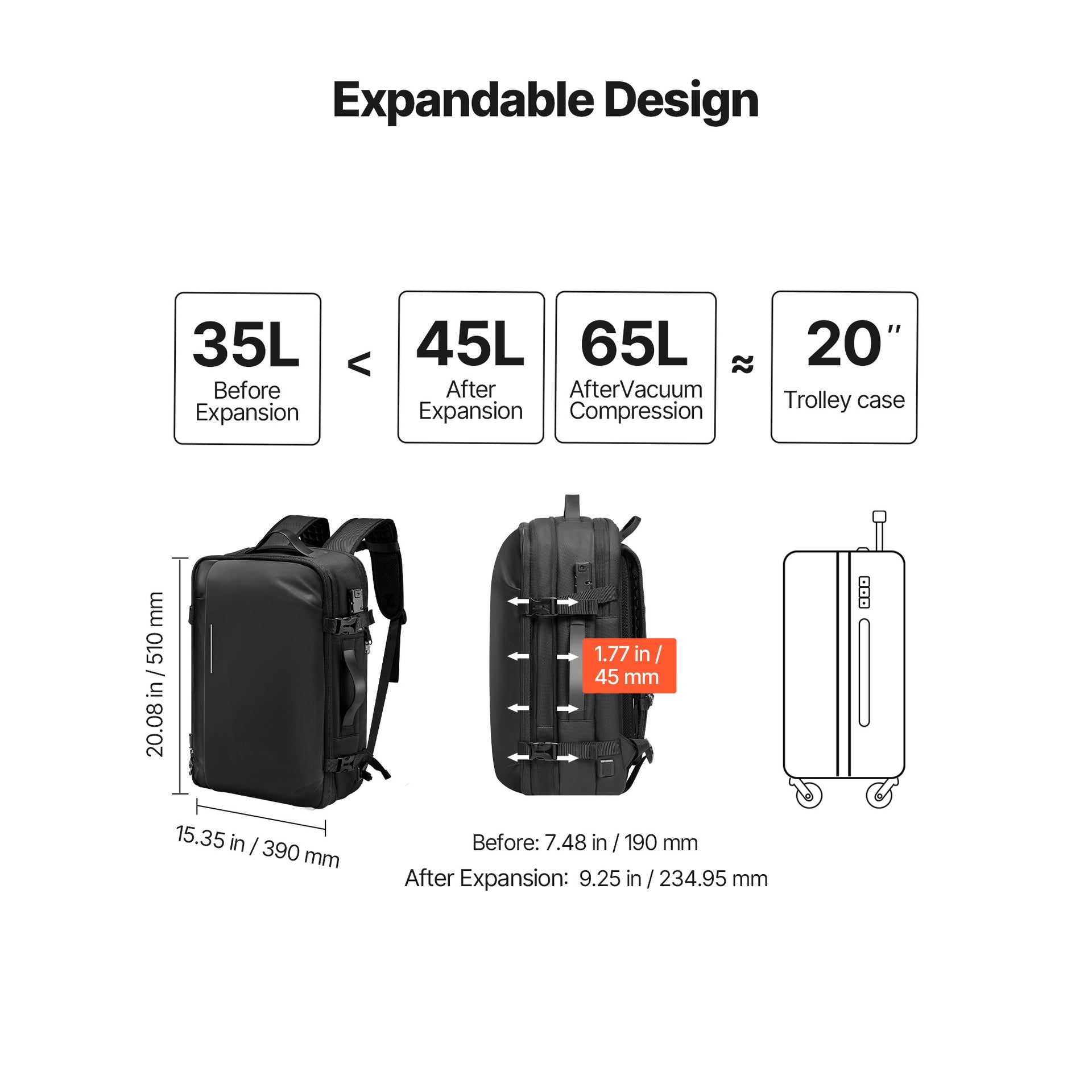 Vacuum Travel Backpack, 65L, Expandable Vacuum Seal Compression Travel Backpack, with TSA-Approved Lock, Multiple Pockets Compartments, Water-Resistant Carry-On Suitcase Luggage, No Pump, Black
