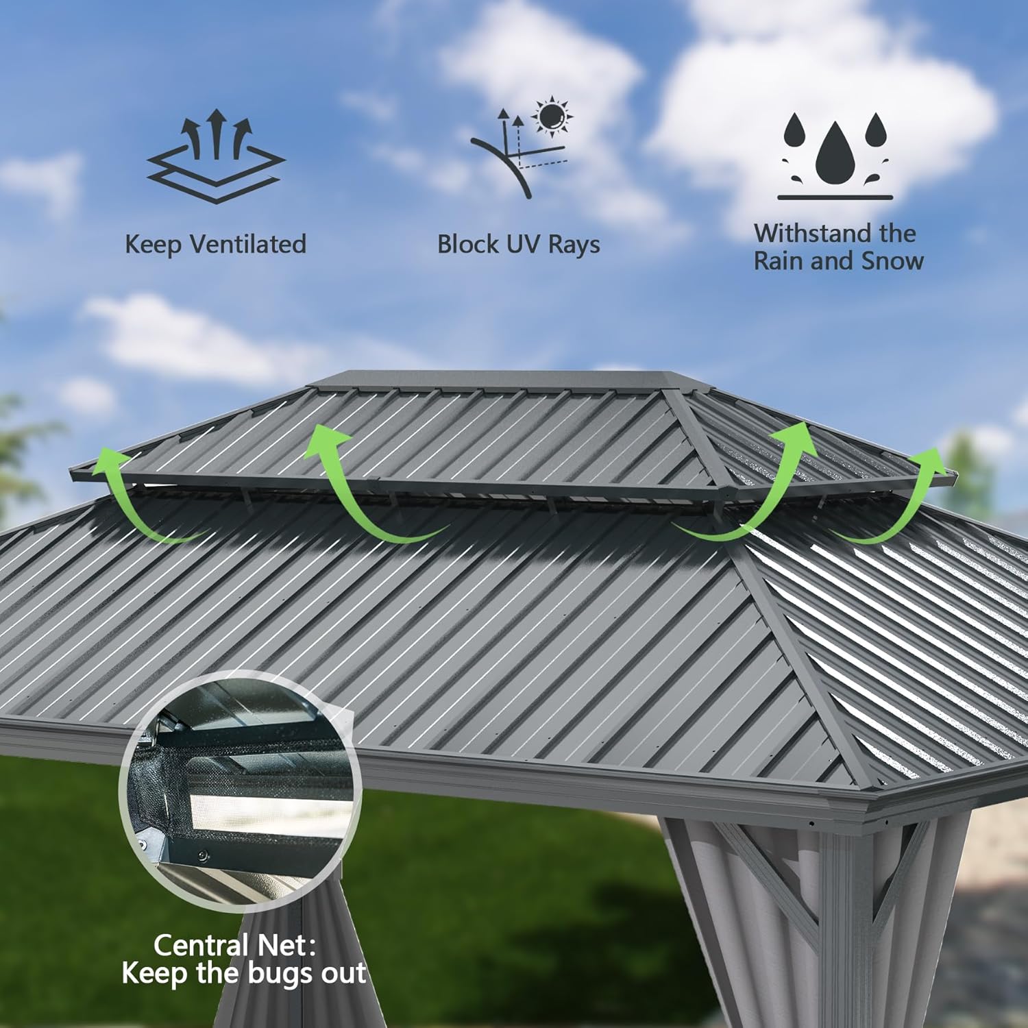 10x13FT Outdoor Gazebo, Hardtop Gazebo with Galvanized Steel Double Roof, Metal Gazebos with Drainage System Patio Pergola for Patio Deck Backyard,Curtain and Netting,Gray