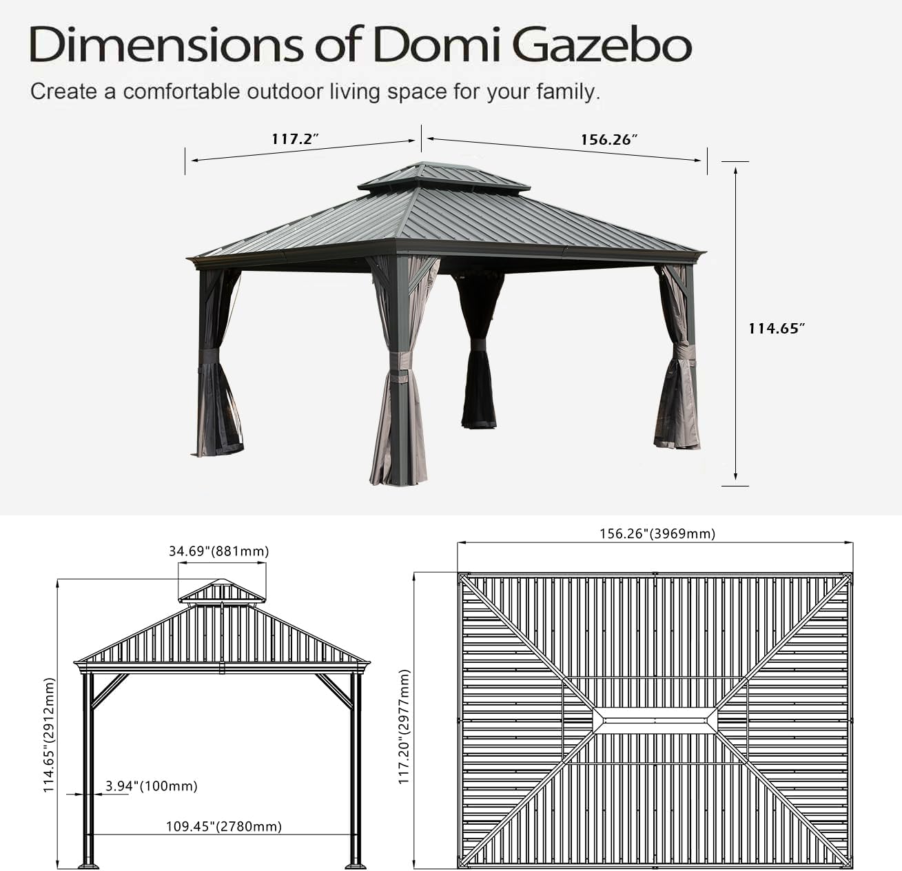 10x13FT Outdoor Gazebo, Hardtop Gazebo with Galvanized Steel Double Roof, Metal Gazebos with Drainage System Patio Pergola for Patio Deck Backyard,Curtain and Netting,Gray