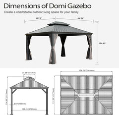 10x13FT Outdoor Gazebo, Hardtop Gazebo with Galvanized Steel Double Roof, Metal Gazebos with Drainage System Patio Pergola for Patio Deck Backyard,Curtain and Netting,Gray