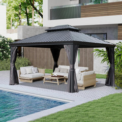 10x13FT Outdoor Gazebo, Hardtop Gazebo with Galvanized Steel Double Roof, Metal Gazebos with Drainage System Patio Pergola for Patio Deck Backyard,Curtain and Netting,Gray