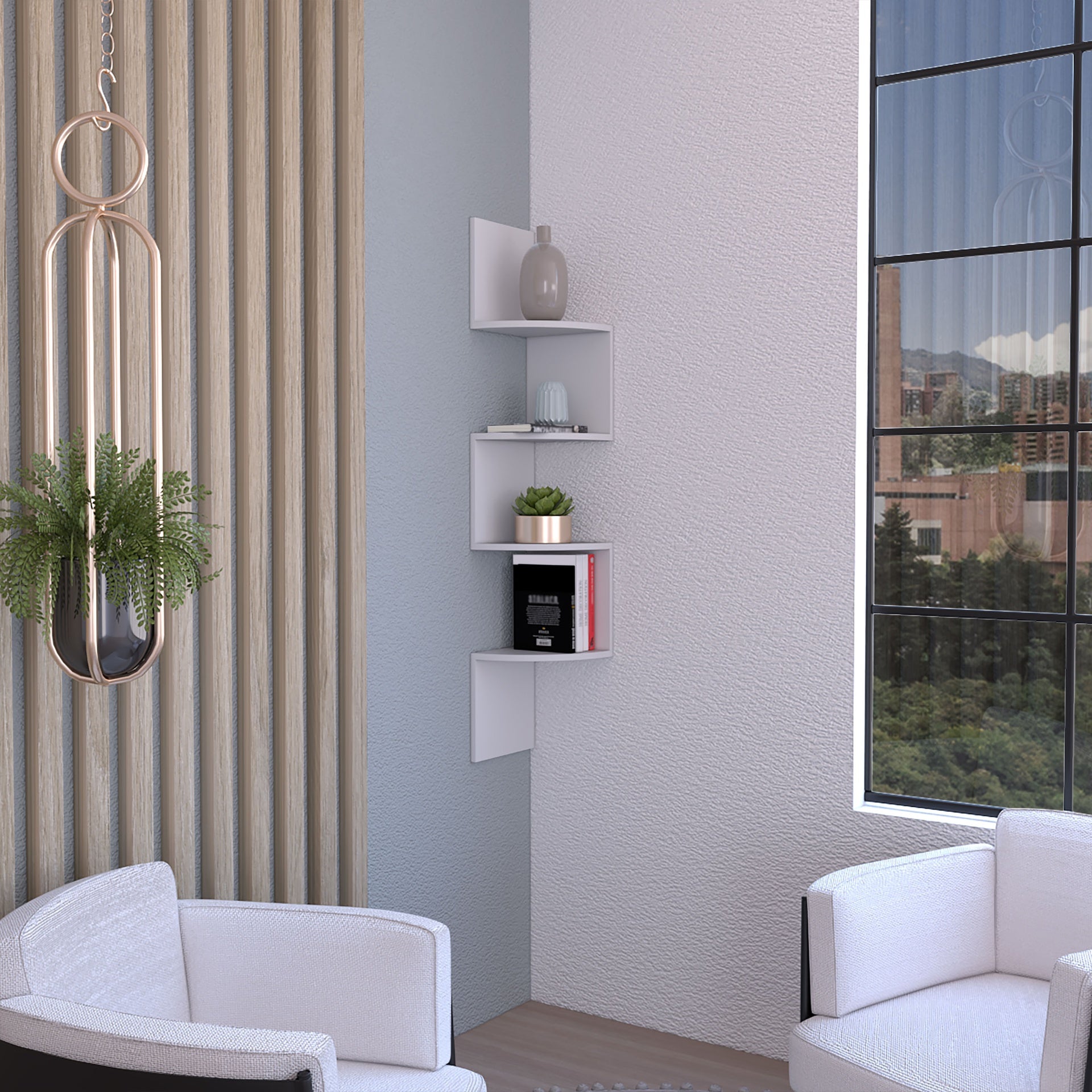 Roy Corner Floating Shelf, Modern 4-Tier Display, White