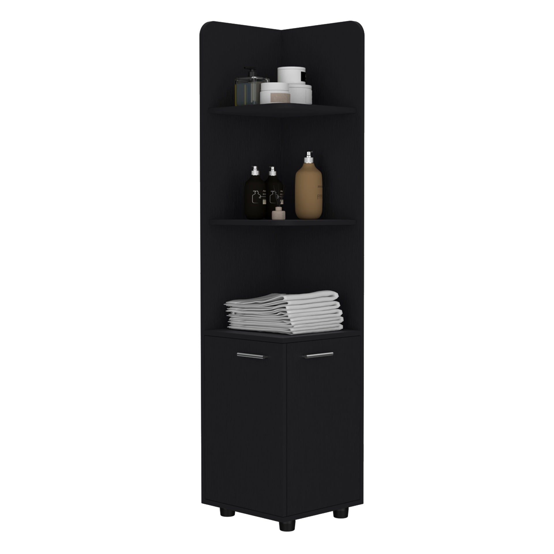 Corner Cabinet 62H" Tall  with 3-Tier Shelf and 2-Door, Black