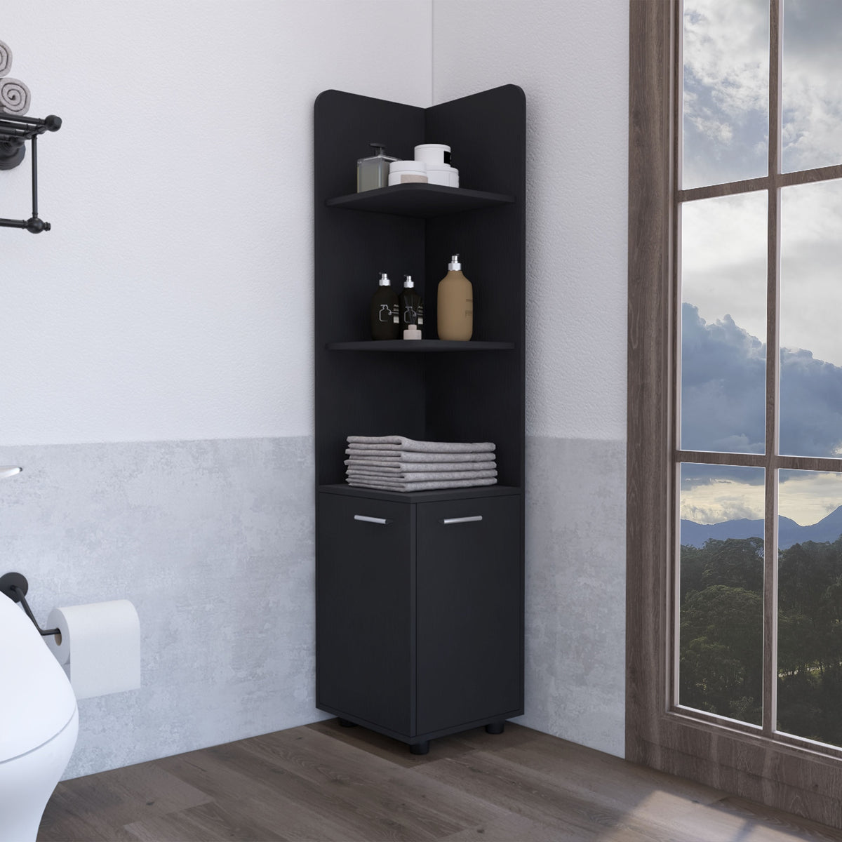 Corner Cabinet 62H" Tall  with 3-Tier Shelf and 2-Door, Black