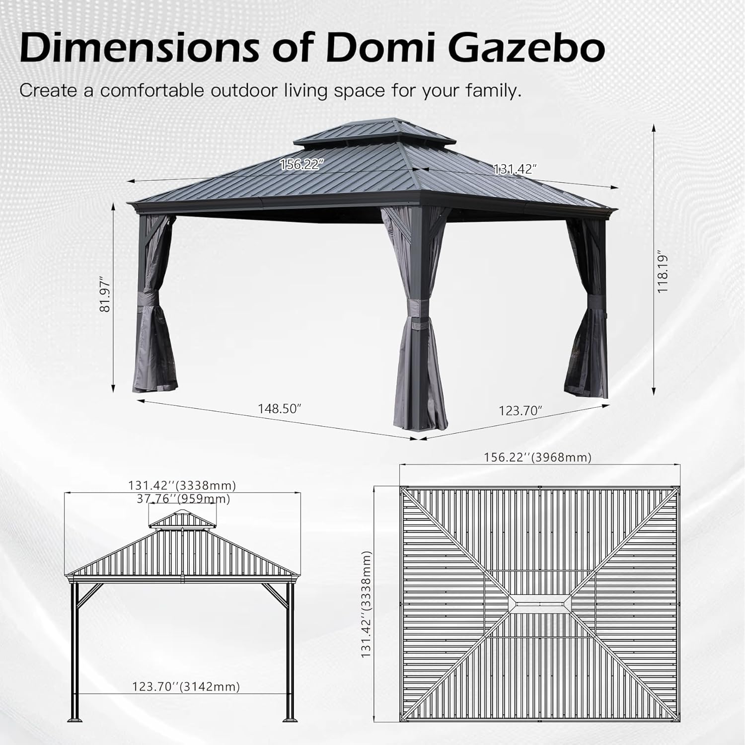 11x13FT Outdoor Gazebo, Hardtop Gazebo with Galvanized Steel Double Roof, Metal Gazebos with Drainage System Patio Pergola for Patio Deck Backyard,Curtain and Netting,Gray