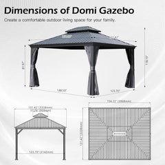 11x13FT Outdoor Gazebo, Hardtop Gazebo with Galvanized Steel Double Roof, Metal Gazebos with Drainage System Patio Pergola for Patio Deck Backyard,Curtain and Netting,Gray