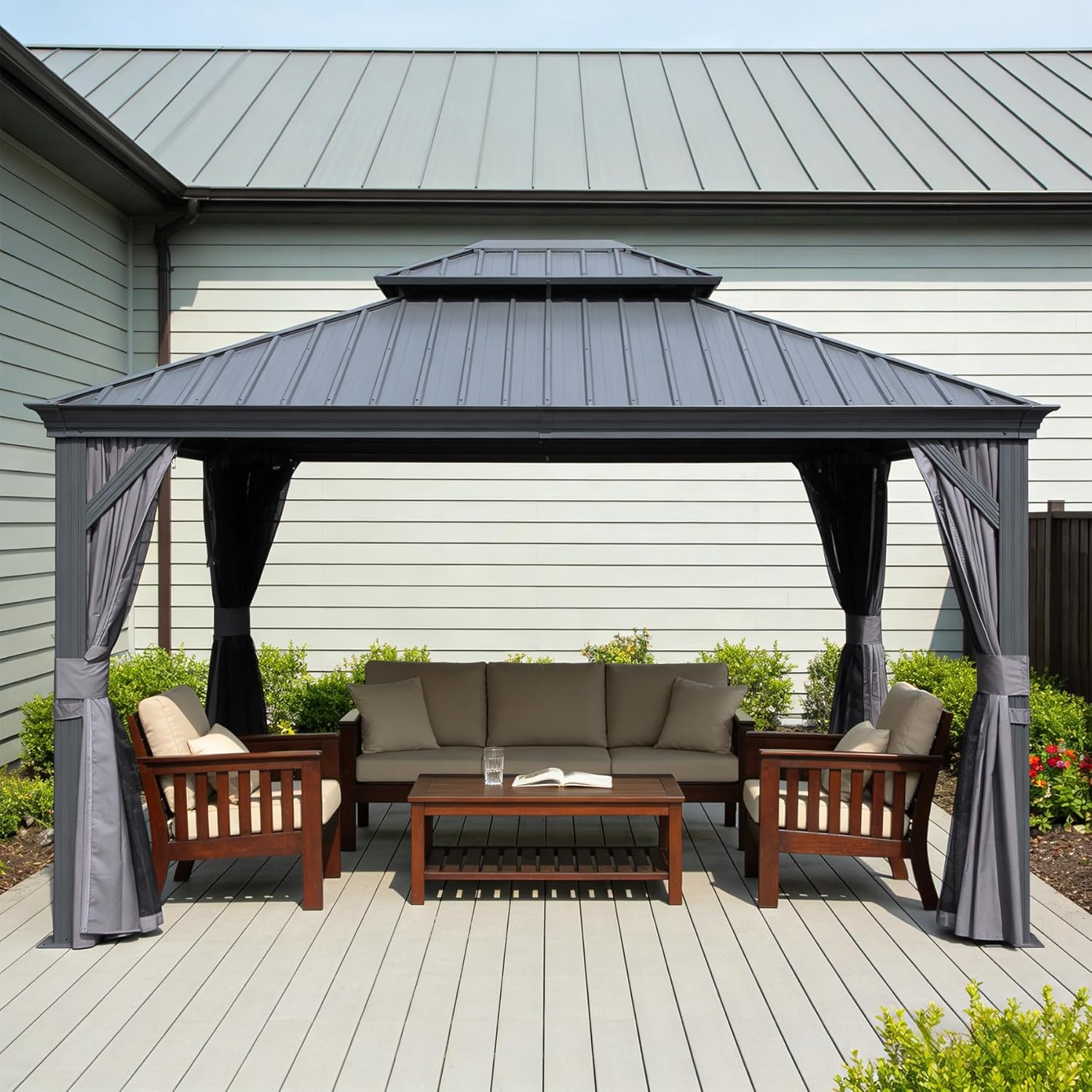 11x13FT Outdoor Gazebo, Hardtop Gazebo with Galvanized Steel Double Roof, Metal Gazebos with Drainage System Patio Pergola for Patio Deck Backyard,Curtain and Netting,Gray