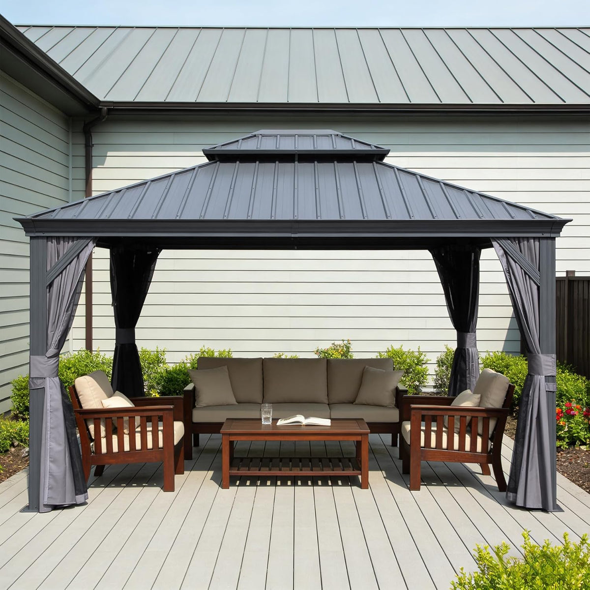 11x13FT Outdoor Gazebo, Hardtop Gazebo with Galvanized Steel Double Roof, Metal Gazebos with Drainage System Patio Pergola for Patio Deck Backyard,Curtain and Netting,Gray