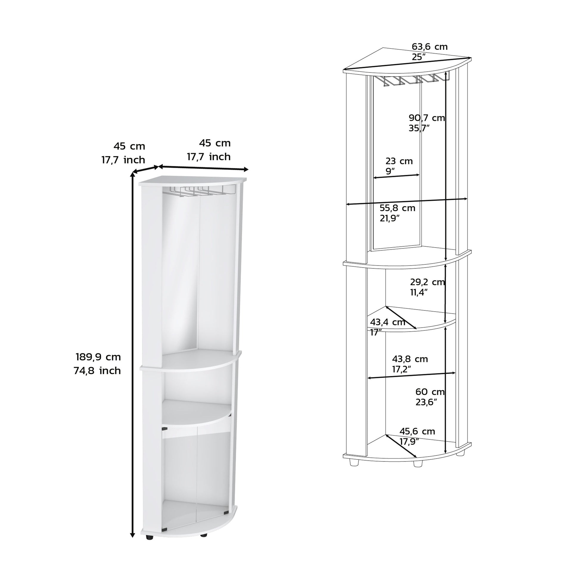 Corner Bar Cabinet Unit with Wine Glass Rack and Lower Cabinet, White