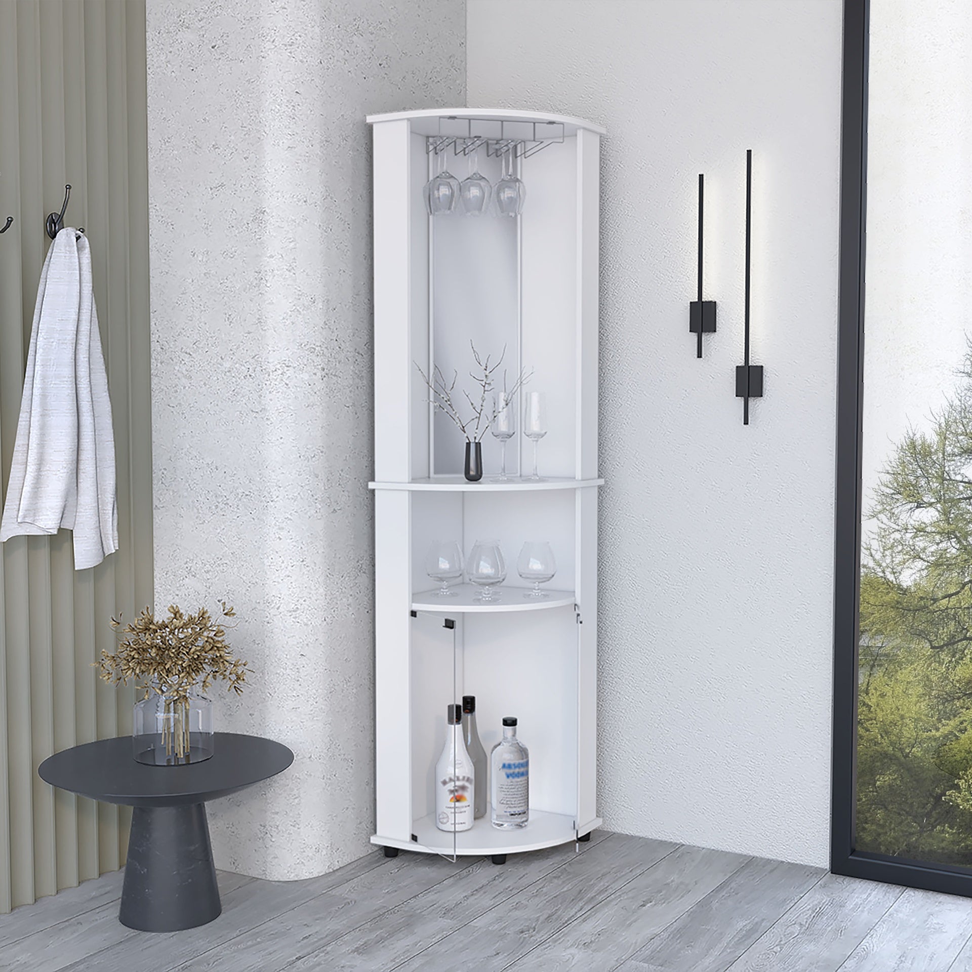 Corner Bar Cabinet Unit with Wine Glass Rack and Lower Cabinet, White