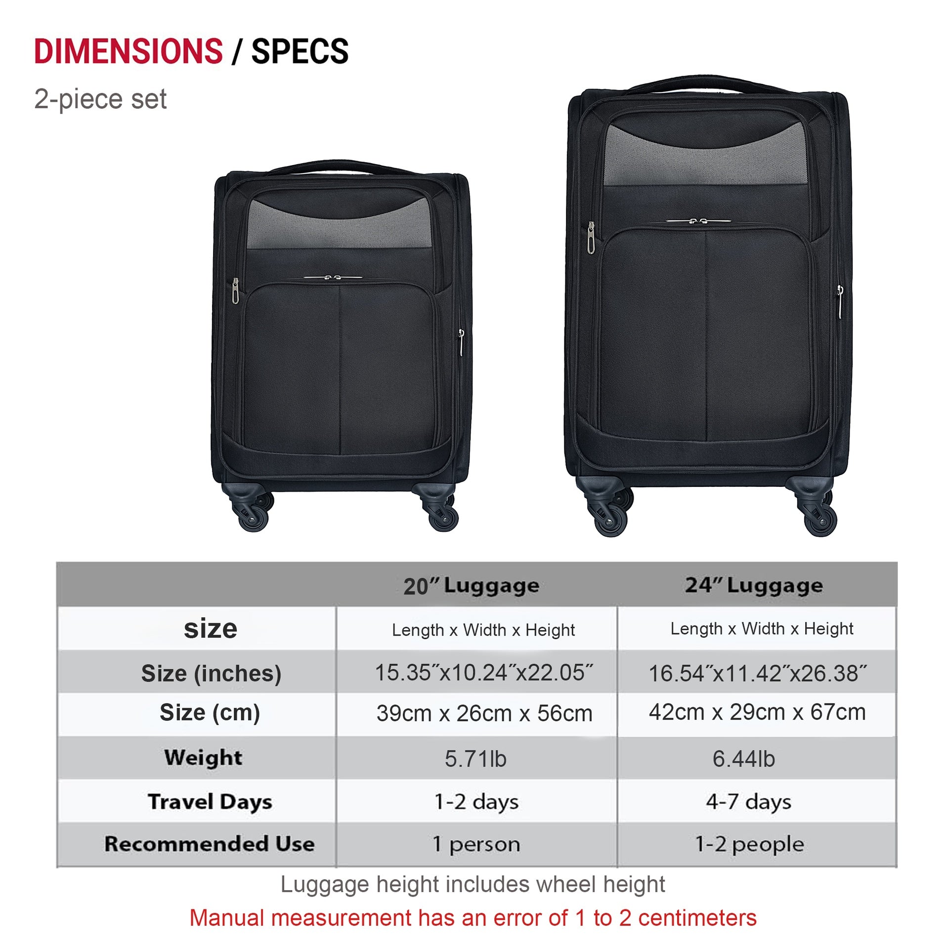 (20+24) Two-piece suitcase suitcase set Oxford trolley case without password lock universal wheel BLACK
