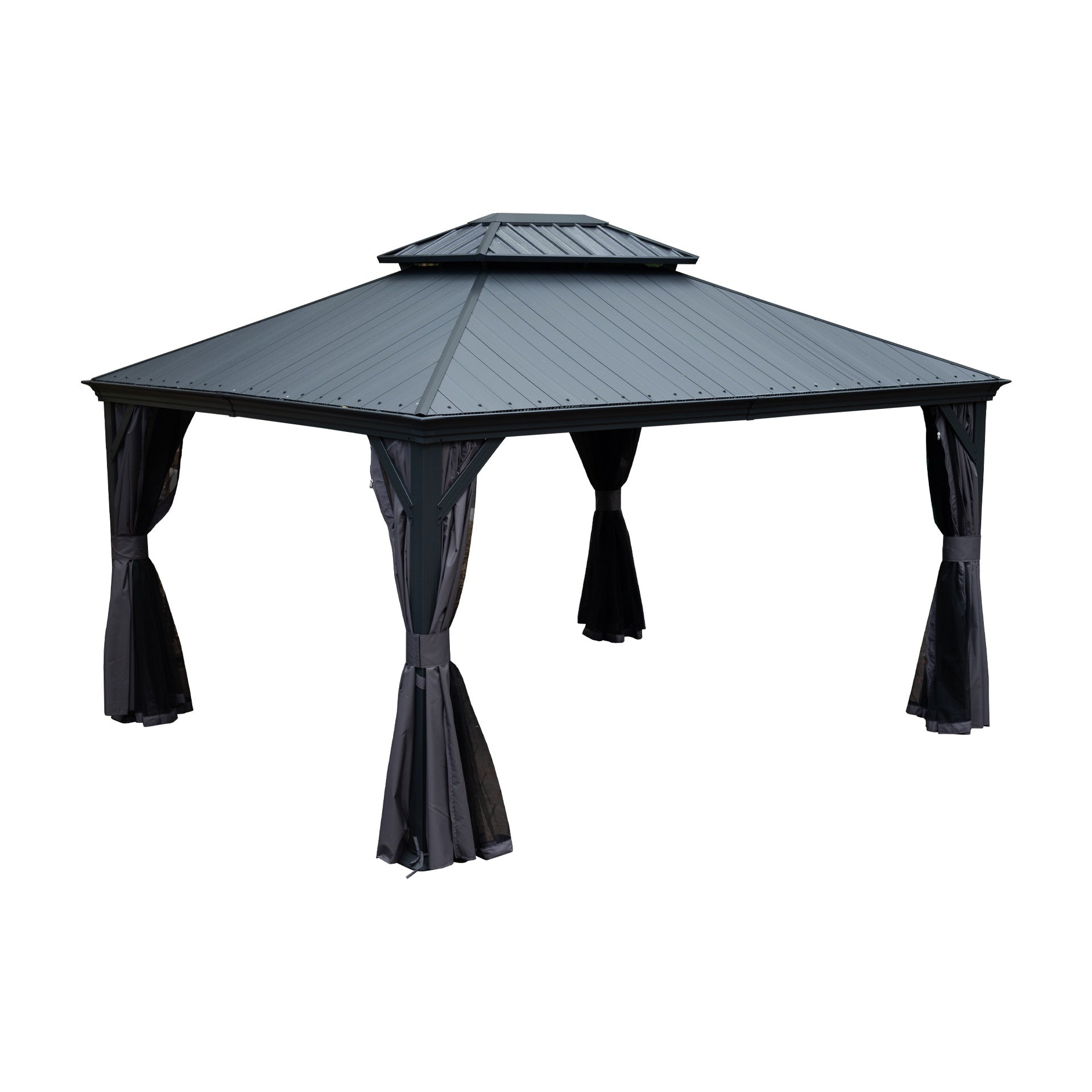10'x12' Hardtop Gazebo with Resin Roof, Outdoor Metal Gazebo with Drainage Gutters, Permanent Heavy Duty Pavilion for Patio, Backyard and Deck, Curtains and Mosquito Netting Included