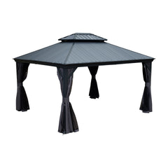 10'x12' Hardtop Gazebo with Resin Roof, Outdoor Metal Gazebo with Drainage Gutters, Permanent Heavy Duty Pavilion for Patio, Backyard and Deck, Curtains and Mosquito Netting Included