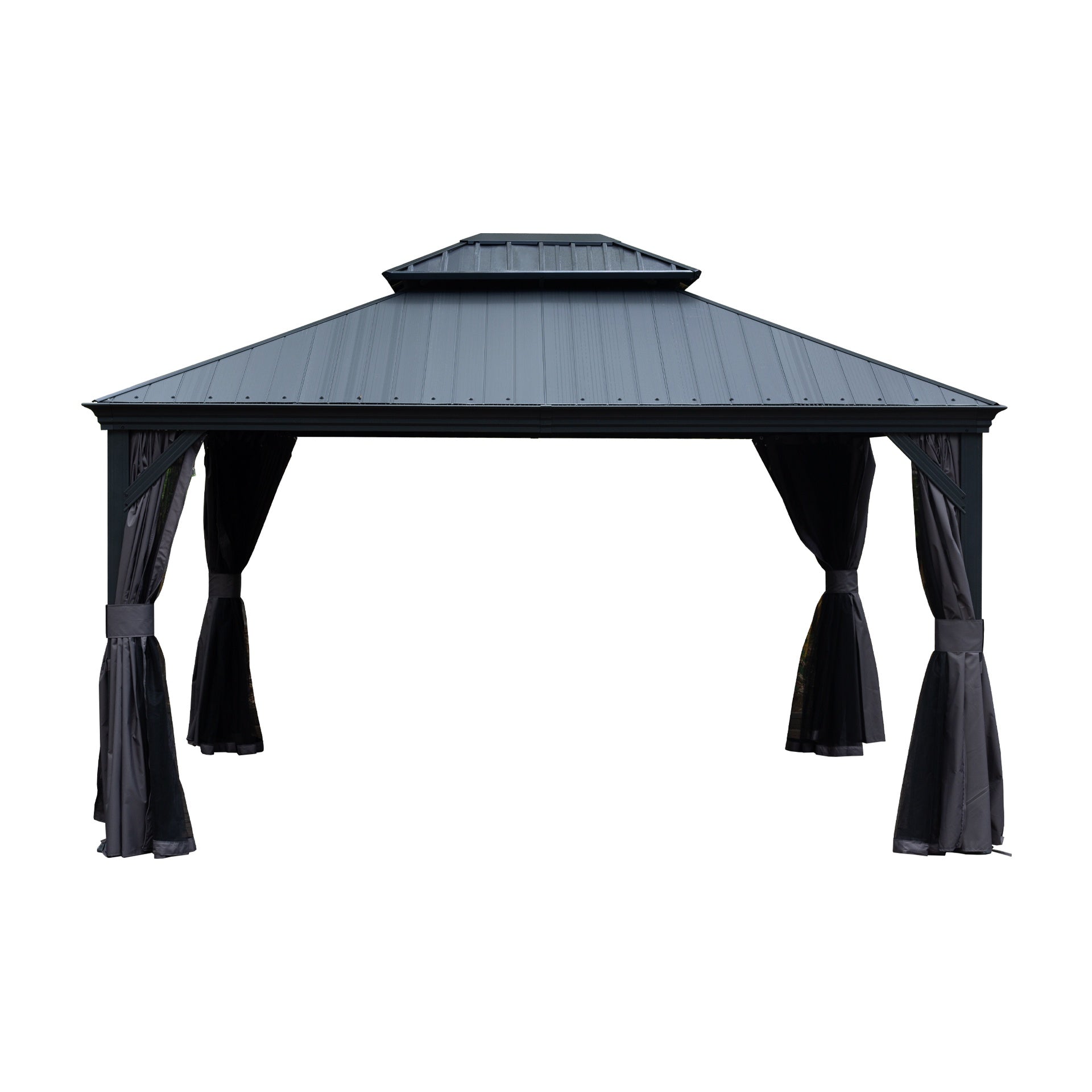 10'x12' Hardtop Gazebo with Resin Roof, Outdoor Metal Gazebo with Drainage Gutters, Permanent Heavy Duty Pavilion for Patio, Backyard and Deck, Curtains and Mosquito Netting Included