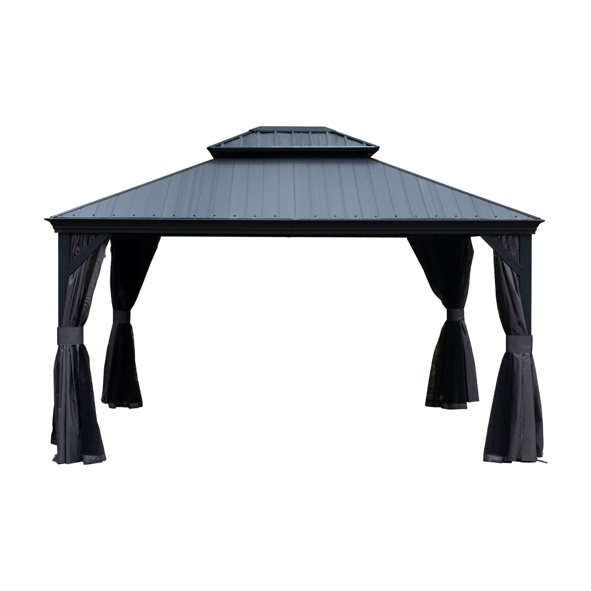 10'x12' Hardtop Gazebo with Resin Roof, Outdoor Metal Gazebo with Drainage Gutters, Permanent Heavy Duty Pavilion for Patio, Backyard and Deck, Curtains and Mosquito Netting Included