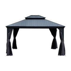 10'x12' Hardtop Gazebo with Resin Roof, Outdoor Metal Gazebo with Drainage Gutters, Permanent Heavy Duty Pavilion for Patio, Backyard and Deck, Curtains and Mosquito Netting Included