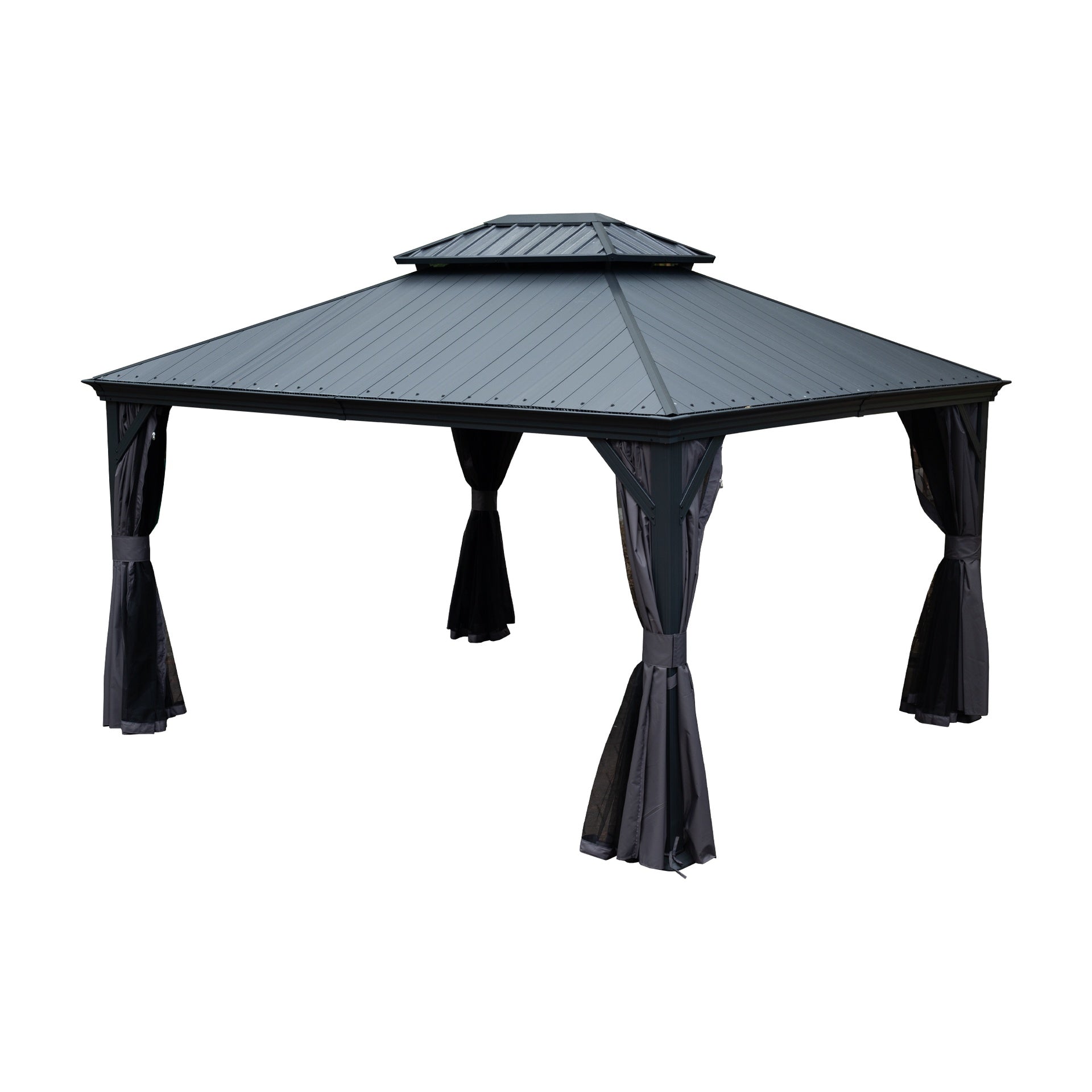 10'x12' Hardtop Gazebo with Resin Roof, Outdoor Metal Gazebo with Drainage Gutters, Permanent Heavy Duty Pavilion for Patio, Backyard and Deck, Curtains and Mosquito Netting Included