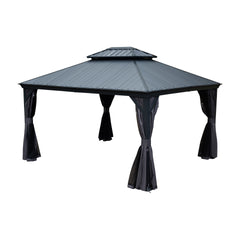 10'x12' Hardtop Gazebo with Resin Roof, Outdoor Metal Gazebo with Drainage Gutters, Permanent Heavy Duty Pavilion for Patio, Backyard and Deck, Curtains and Mosquito Netting Included