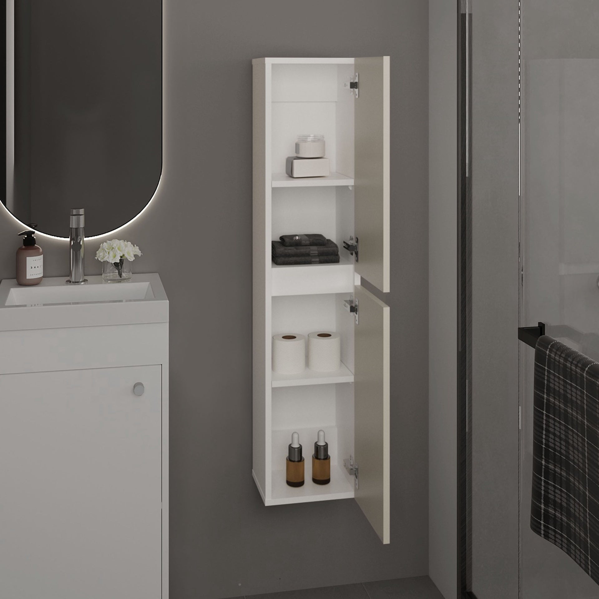 Bathroom Cabinet, 2 Doors, 4 Shelves, White