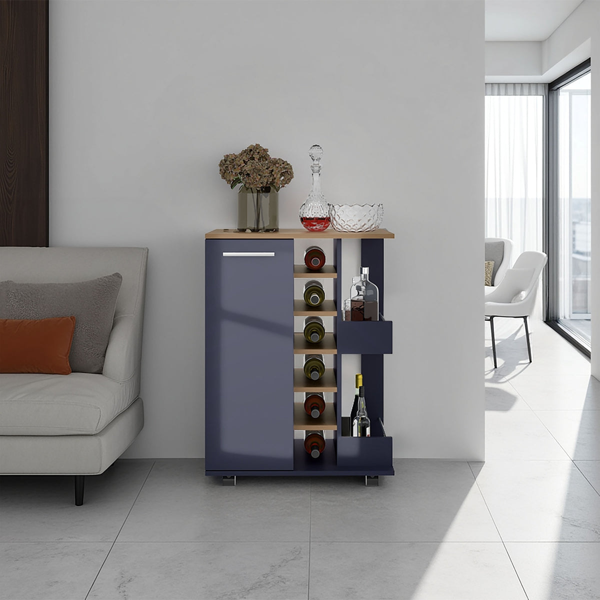 Bar Cart 32.3" H, 1 Door, 10 Shelves, Alby Blue / Natural Oak - Living Room