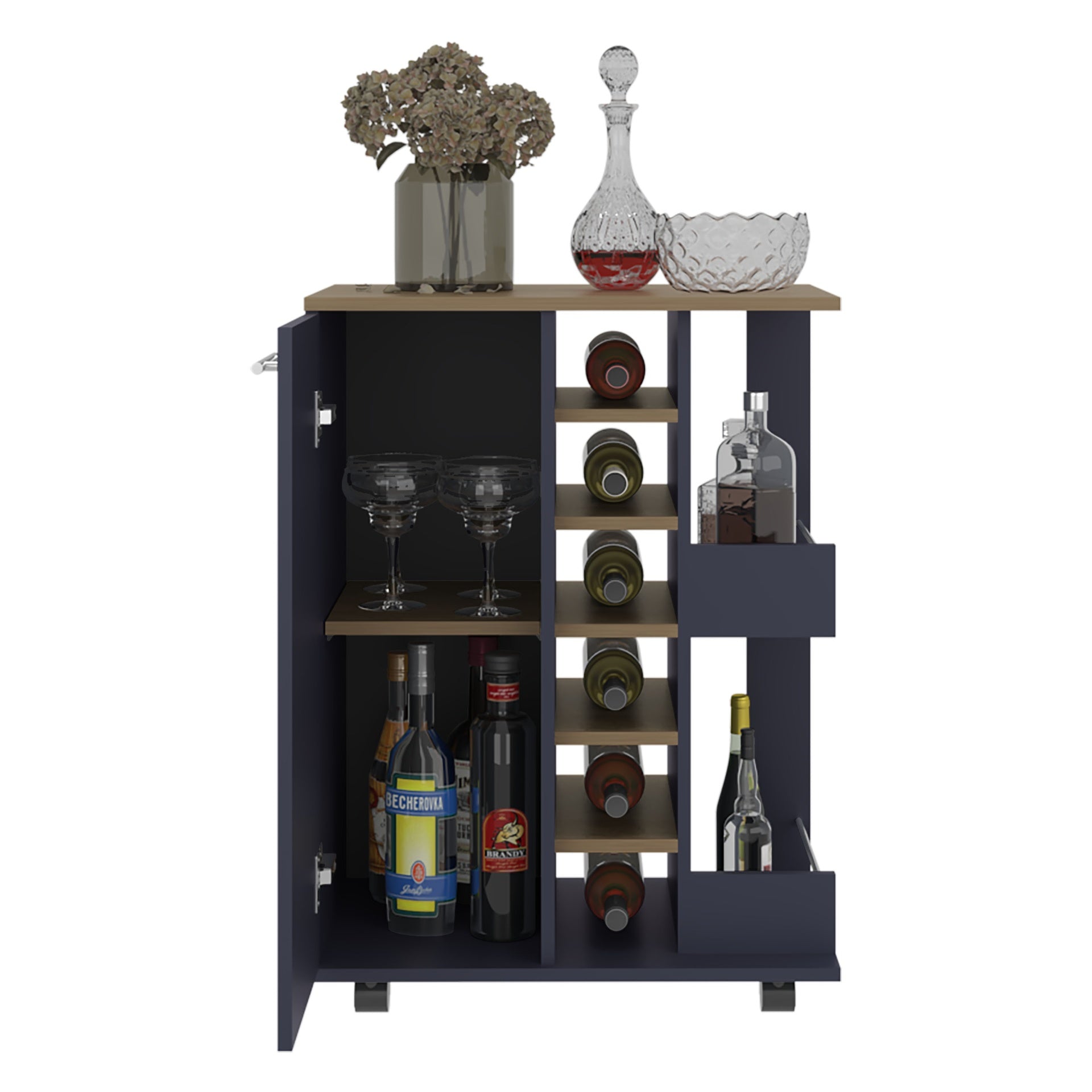 Bar Cart 32.3" H, 1 Door, 10 Shelves, Alby Blue / Natural Oak - Living Room