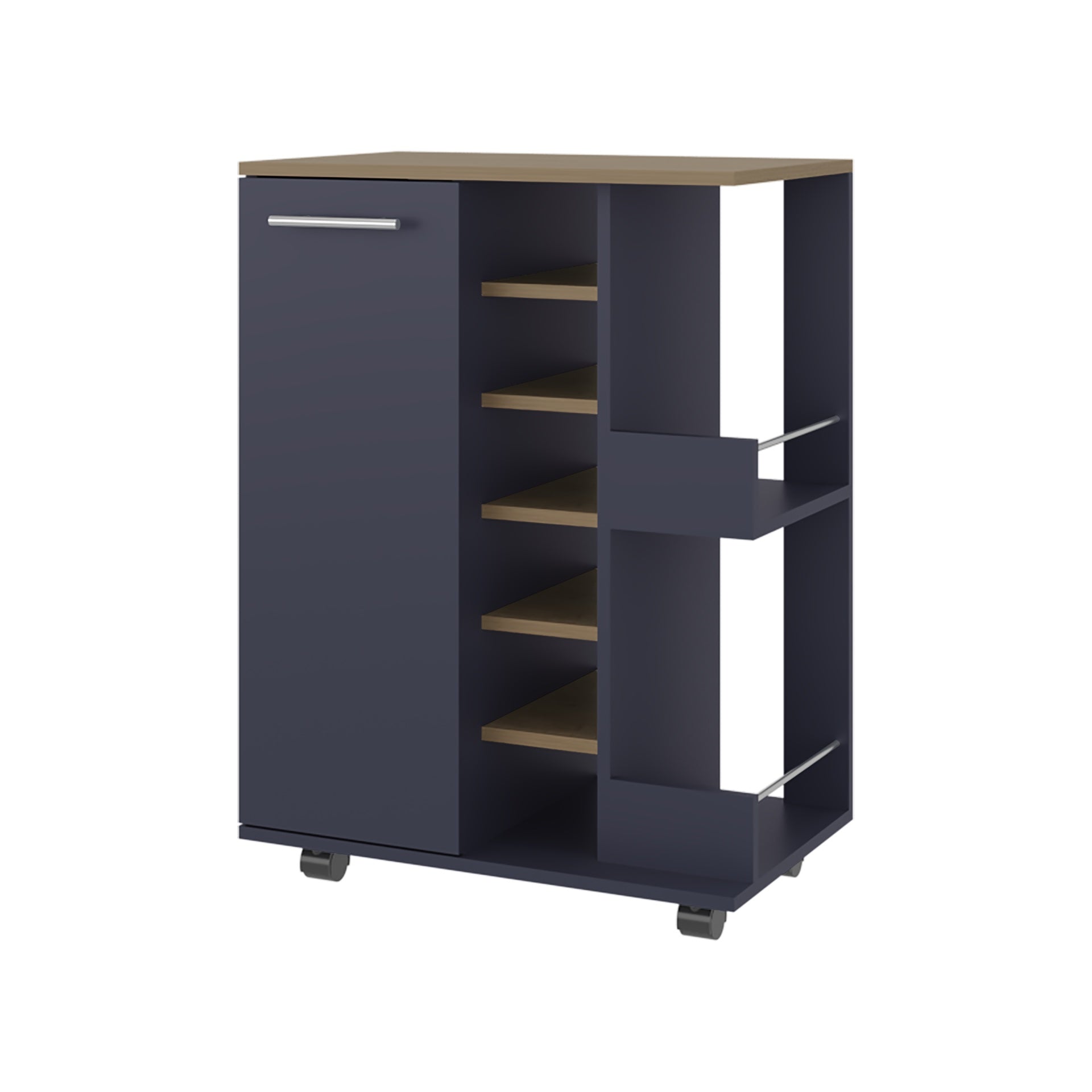 Bar Cart 32.3" H, 1 Door, 10 Shelves, Alby Blue / Natural Oak - Living Room