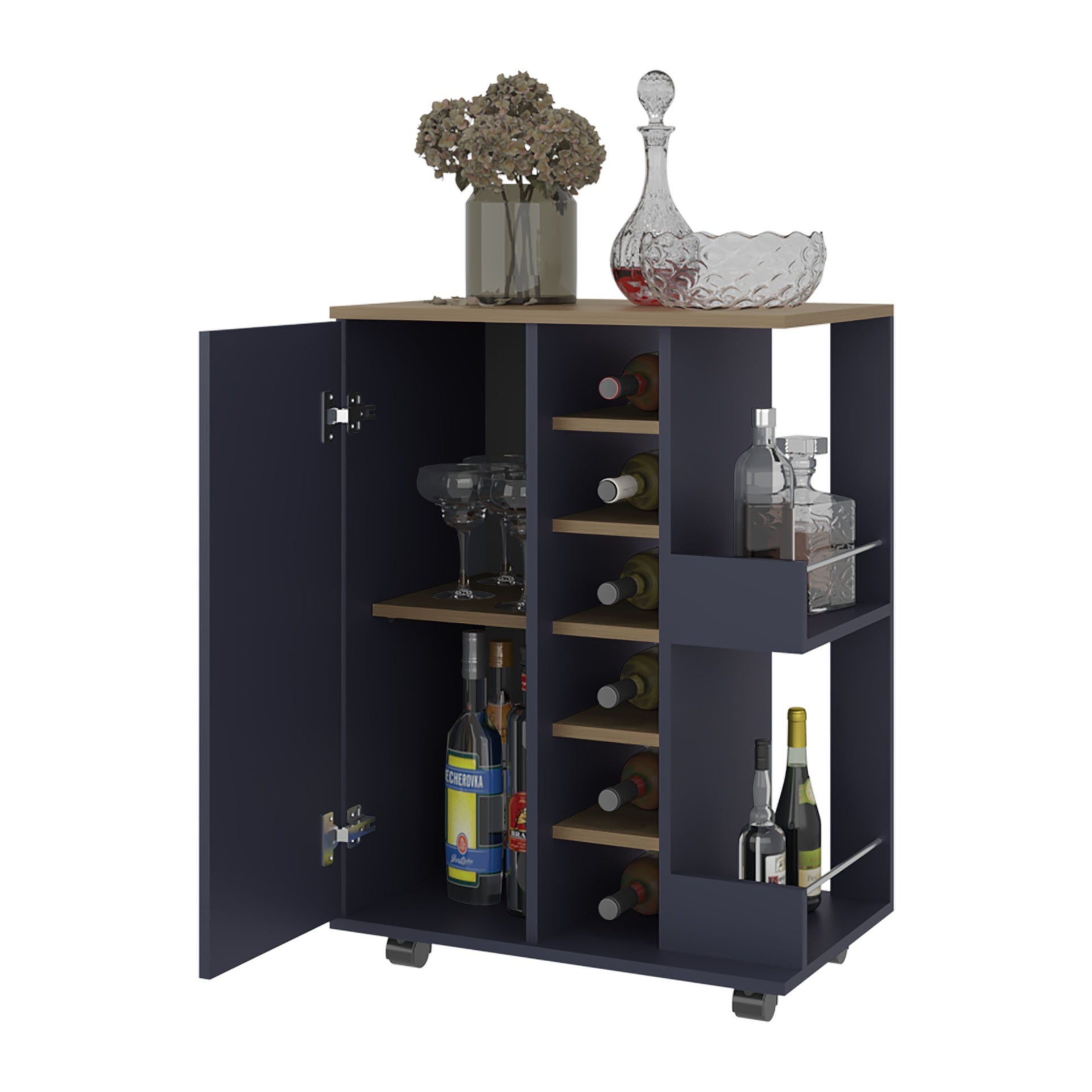Bar Cart 32.3" H, 1 Door, 10 Shelves, Alby Blue / Natural Oak - Living Room
