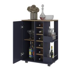Bar Cart 32.3" H, 1 Door, 10 Shelves, Alby Blue / Natural Oak - Living Room
