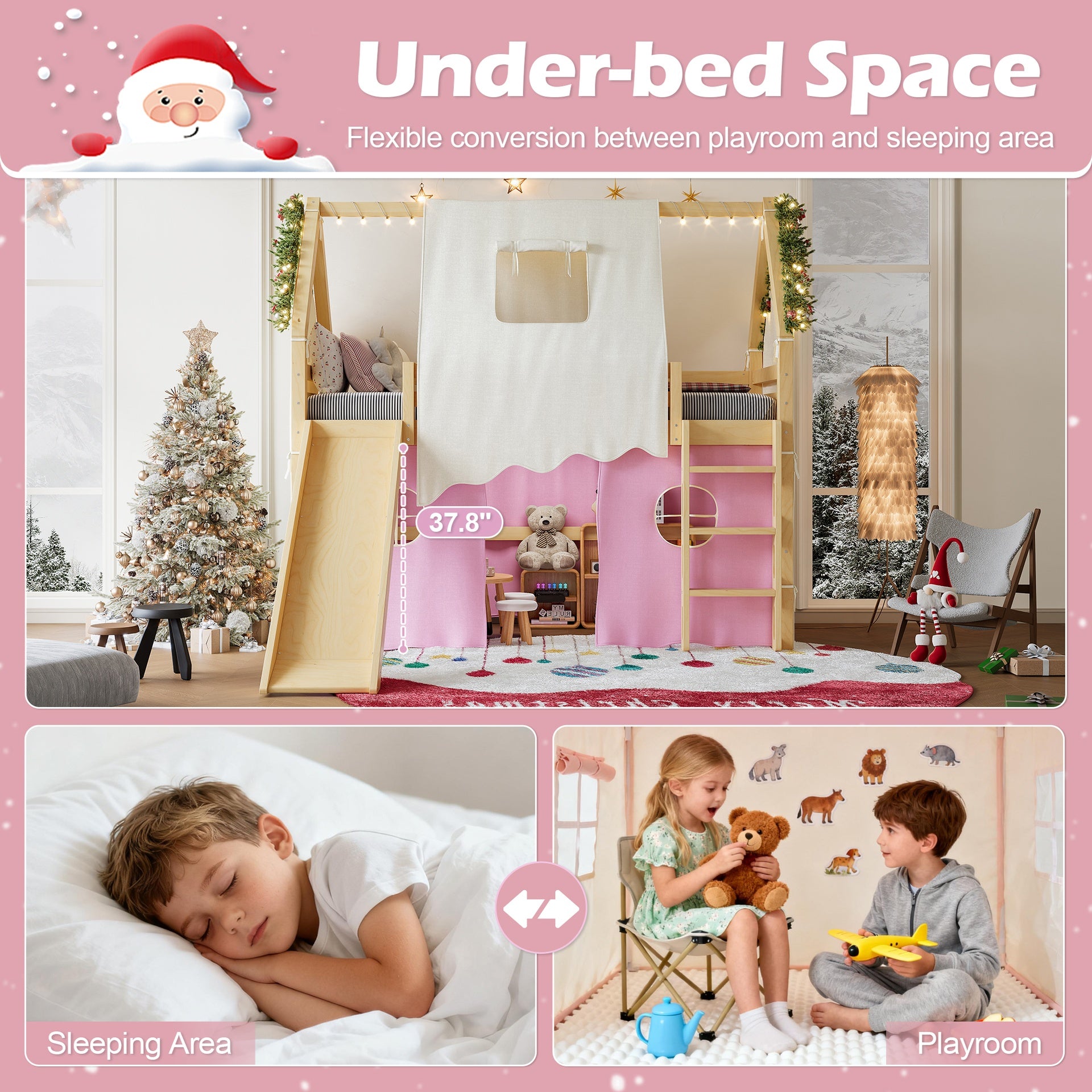 Twin Size House Loft Bed with Sills and Tents, Solid Wood Loft Bed with Ladders and Slide, Chic Design with Lights, No Box Spring Needed, Natural+Pink